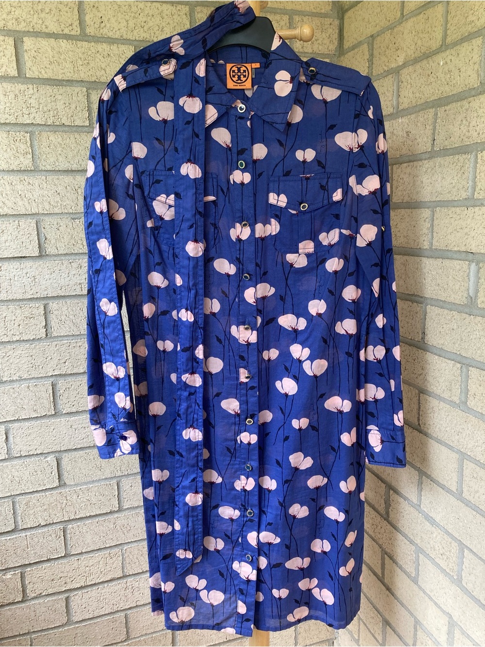 Tory Burch 100% Cotton Blue Button Front Belted Shirt Dress Pink Flower Print - Picture 9 of 14